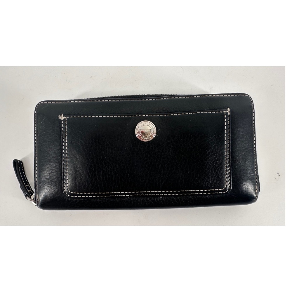 Coach Black Leather Zip Around Wallet Purple Inside White Stitching Long‎ Clutch